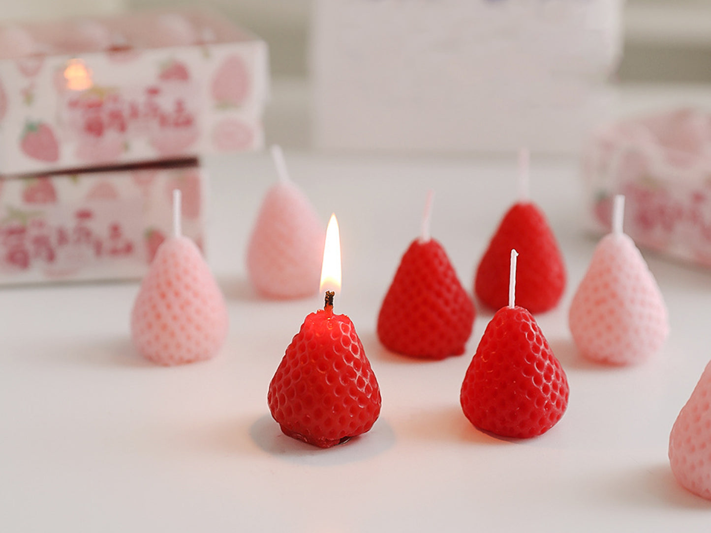 9pcs Pink Red Strawberry Candles Set, Scented Candles, Christmas Birthday Gift Box