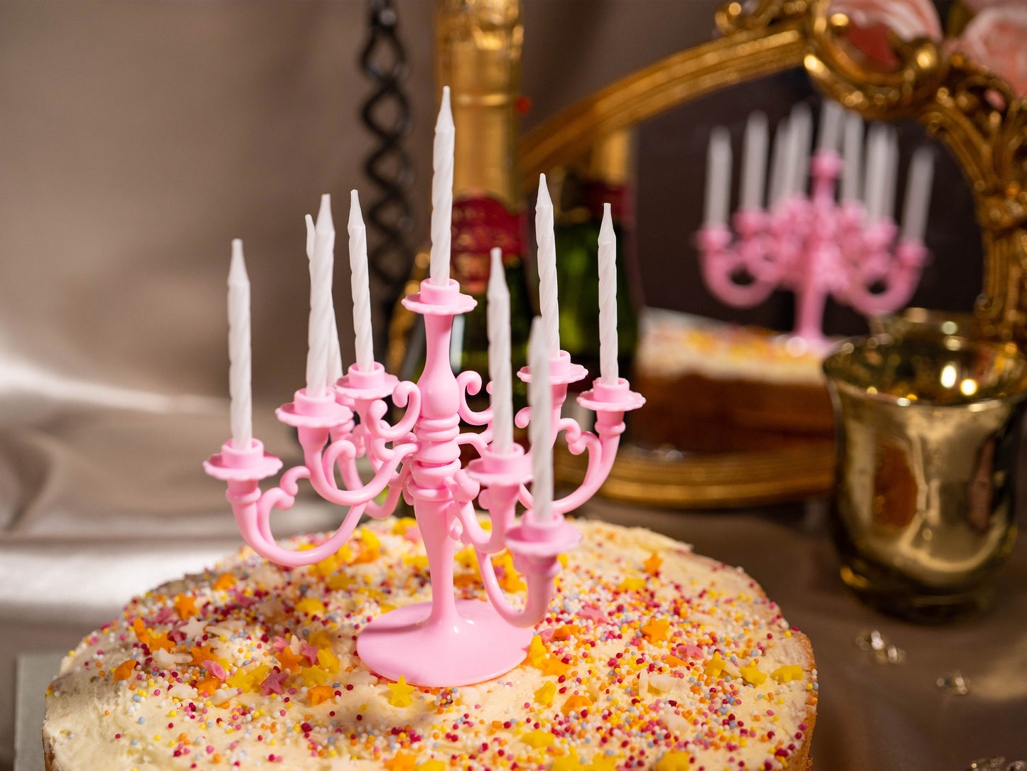 Pink Vintage Candlestick Candelabra Bracket and 9PCS Candles 1 Set