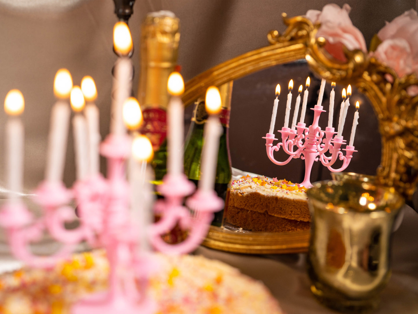 Pink Vintage Candlestick Candelabra Bracket and 9PCS Candles 1 Set