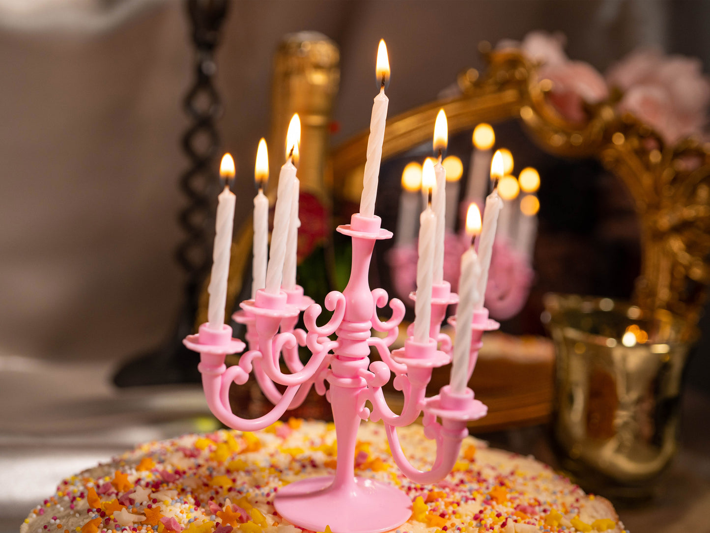 Pink Vintage Candlestick Candelabra Bracket and 9PCS Candles 1 Set