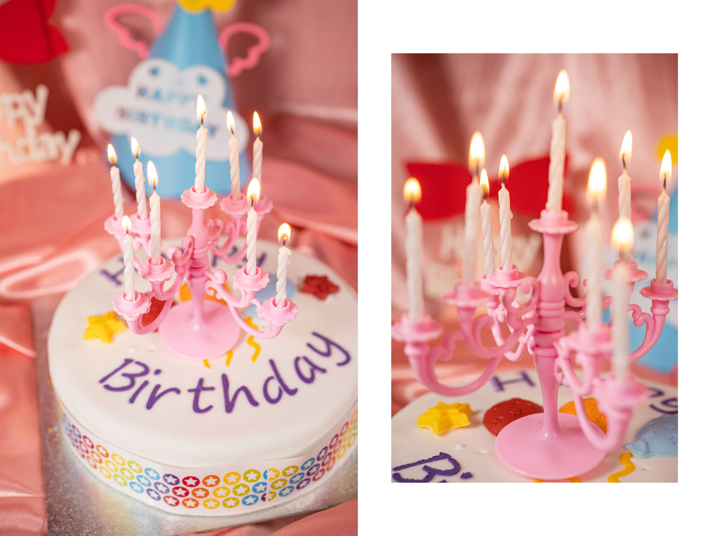 Pink Vintage Candlestick Candelabra Bracket and 9PCS Candles 1 Set