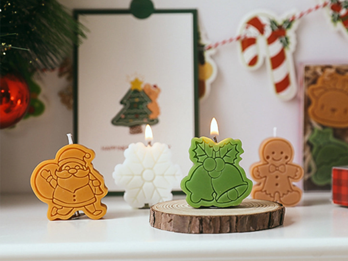 Christmas Snowflake Snowman Gingerbread Man Candles 4pcs Set, Christmas Candle Gift Box