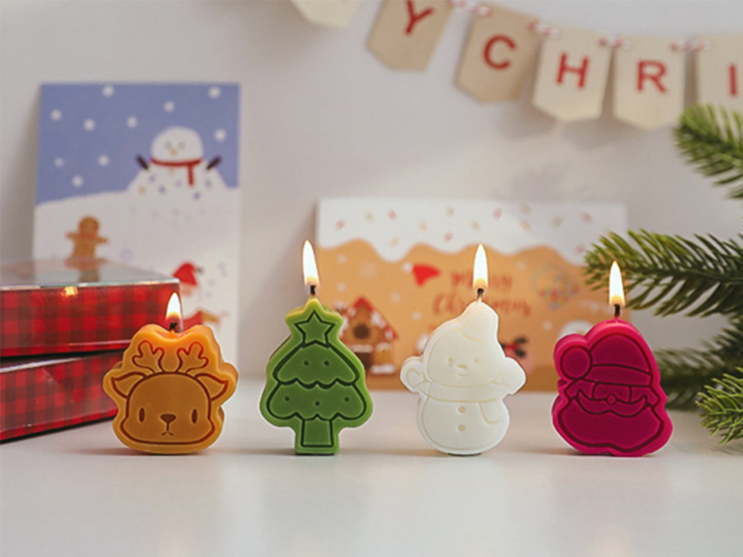 Christmas Snowflake Snowman Gingerbread Man Candles 4pcs Set, Christmas Candle Gift Box