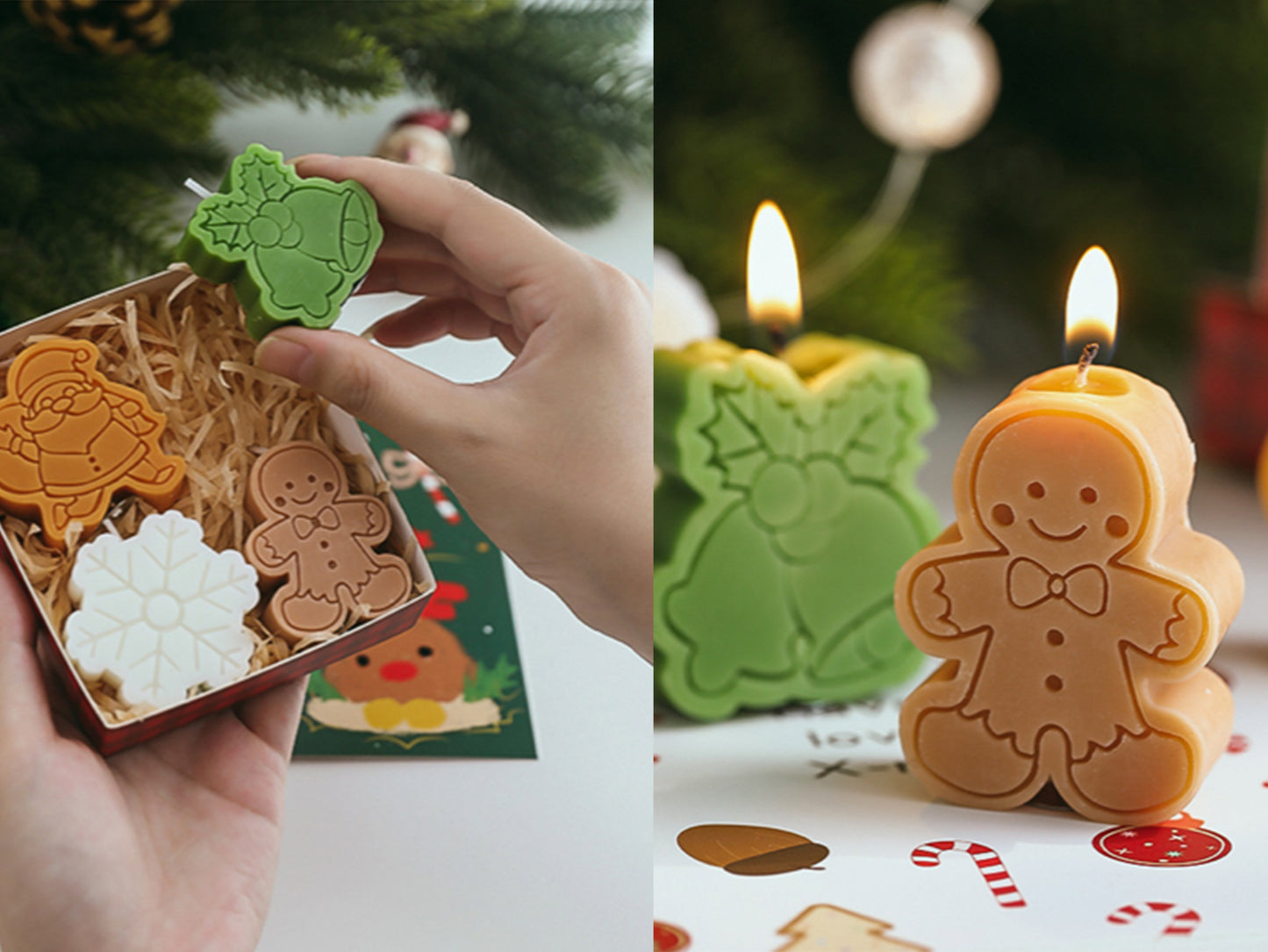 Christmas Snowflake Snowman Gingerbread Man Candles 4pcs Set, Christmas Candle Gift Box