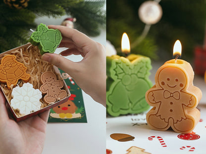Christmas Snowflake Snowman Gingerbread Man Candles 4pcs Set, Christmas Candle Gift Box