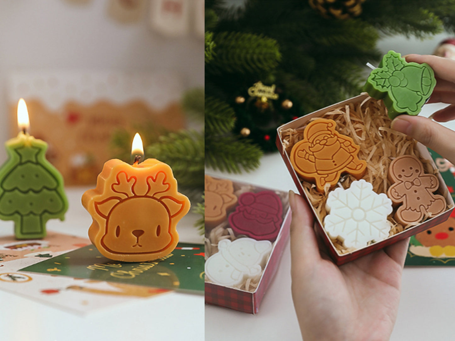Christmas Snowflake Snowman Gingerbread Man Candles 4pcs Set, Christmas Candle Gift Box