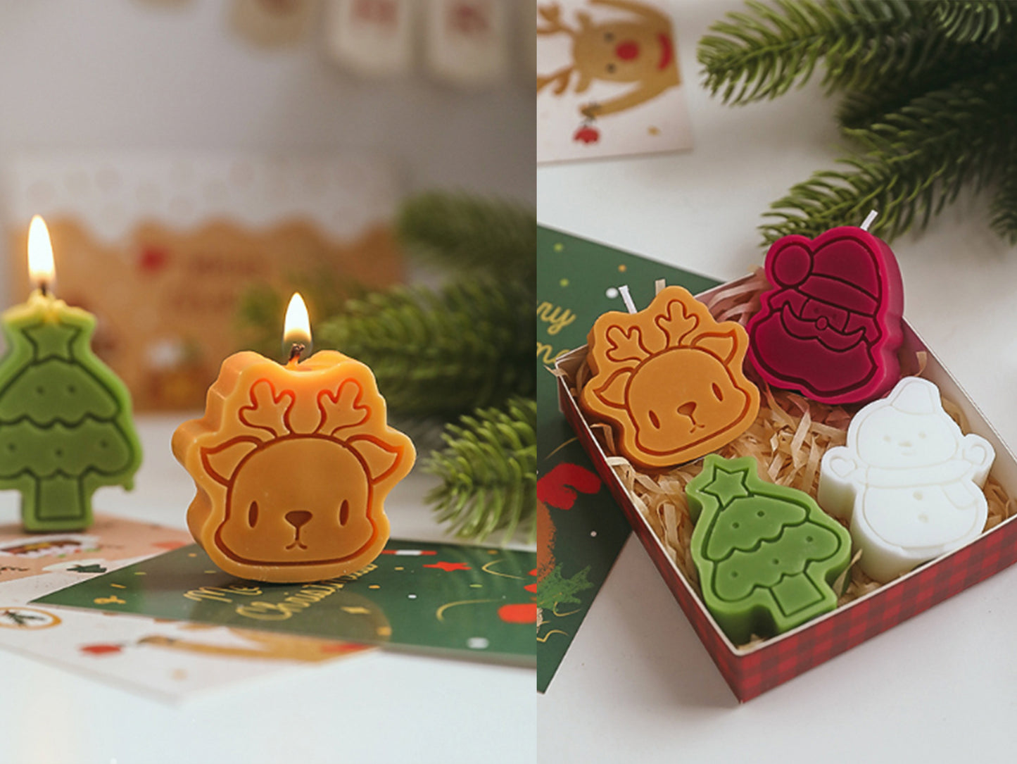 Christmas Snowflake Snowman Gingerbread Man Candles 4pcs Set, Christmas Candle Gift Box