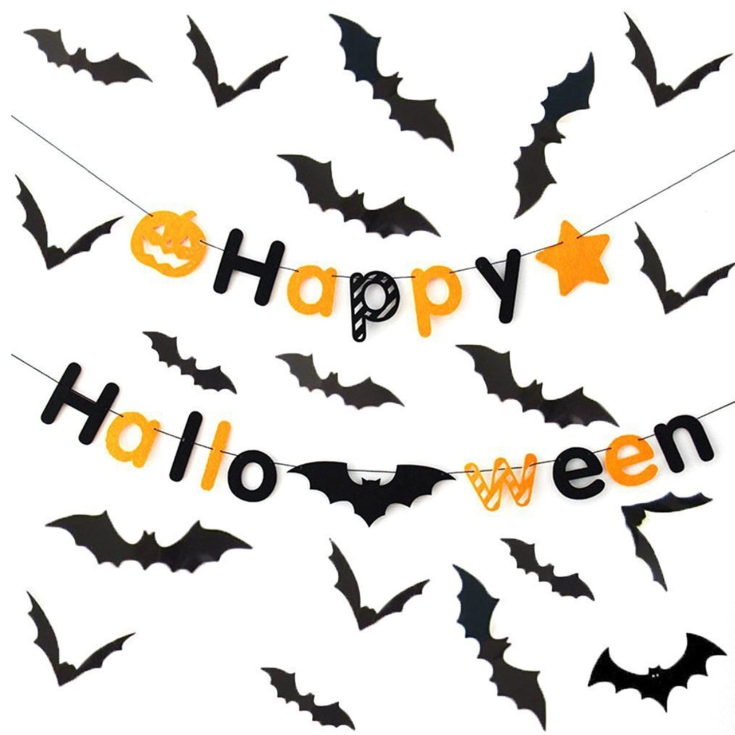 Hanging Halloween Pumpkin Banner, 3D Bats Wall Decor
